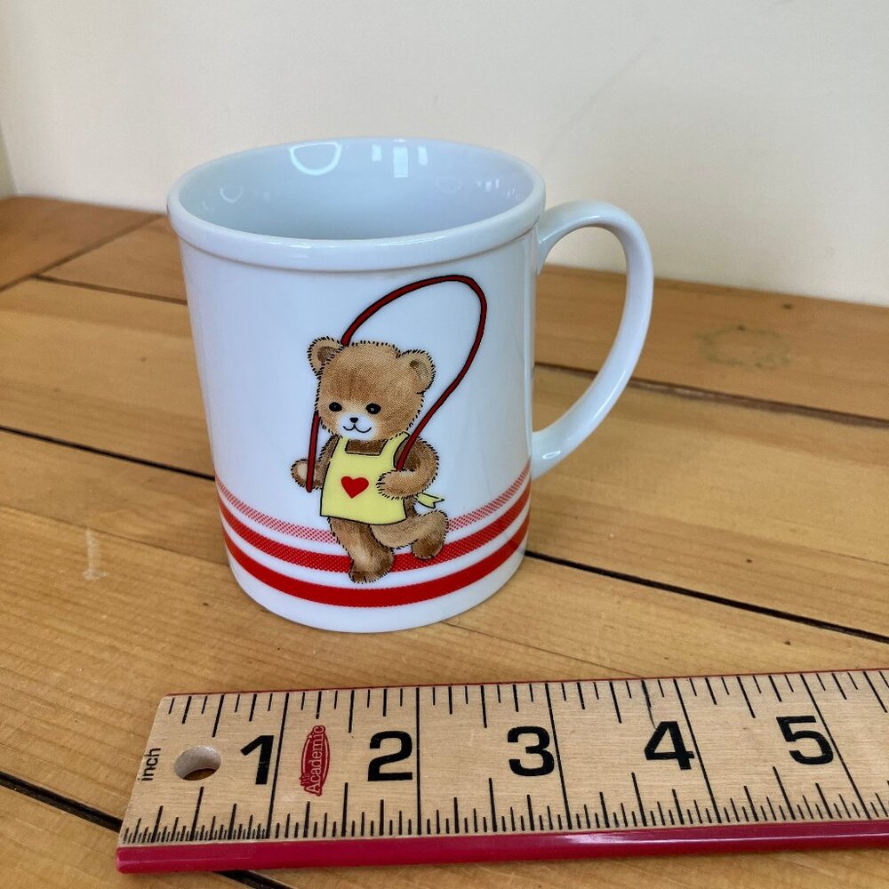 Skipping Teddy Bear Cameron Mug Vintage Ceramic Made in Japan White & Red Stripe
